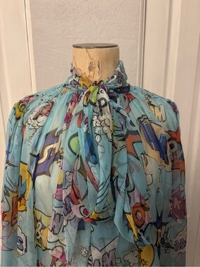 Dolce and Gabbana Graphic Comic Print Tie Neck Blouse See Measurements